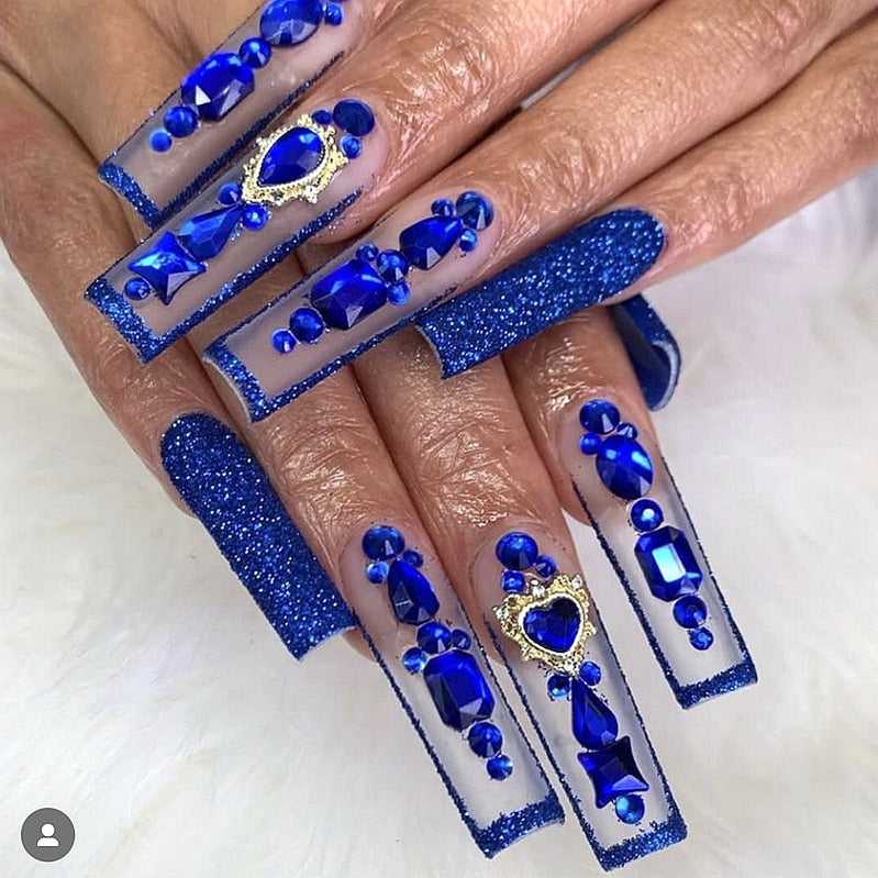 Handmade Luxury 3XL Full Cover False Nail Tips Glittery Rhinestone Press On Nails Y2K Reusable XXL XL Long Fake Nail With Glue Style14 SizeL