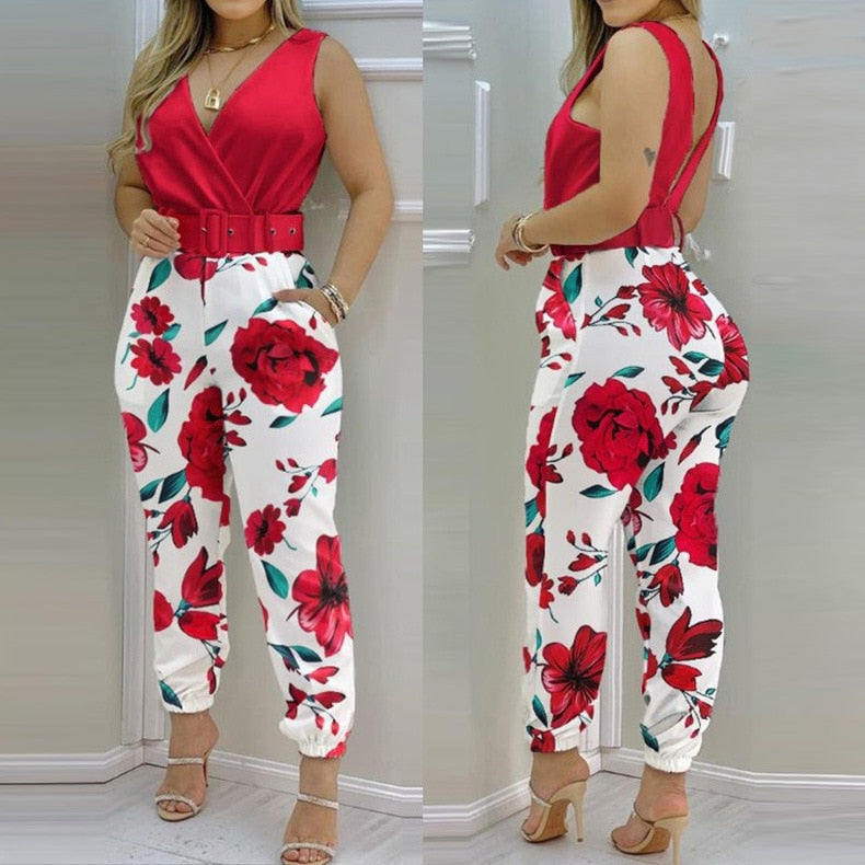 Woman Jumpsuits Elegant Jumpsuits Sexy V-neck Sleeveless Printed Jumpsuit New Fashion with Belt Vest Playsuit Streetwear A