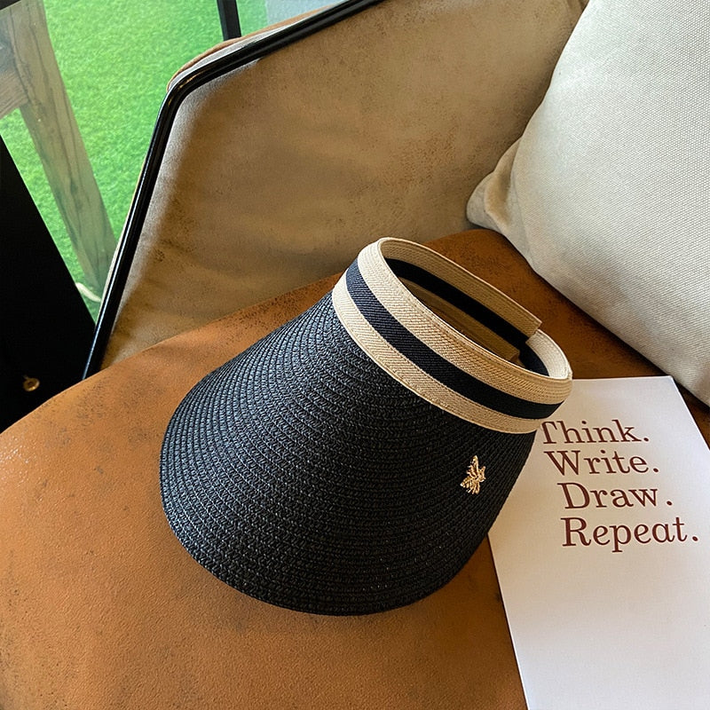 Empty Top Straw Hat Travel Sunshade Sun Hat Cap Trendy Superlite Beach Cap summer Wear Visor Cap For Womens Black 57 cm