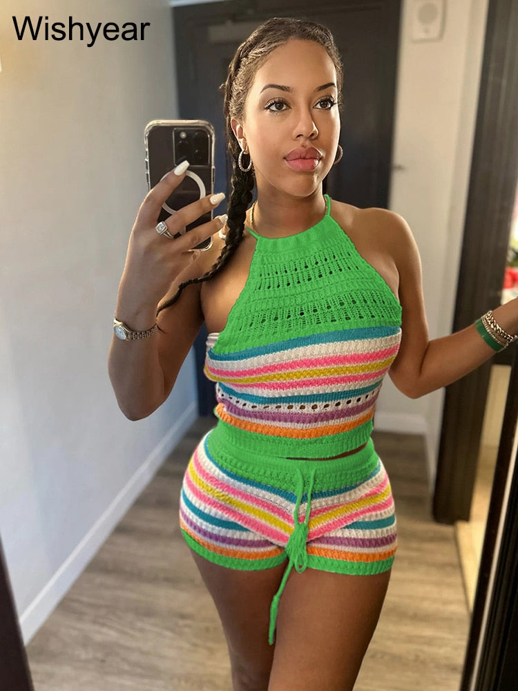 Wishyear Sexy Backless Halter Crop Top and Shorts Suit Two Piece Sets for Women Tracksuit Knitted Crochet Co Ord Summer Outfits