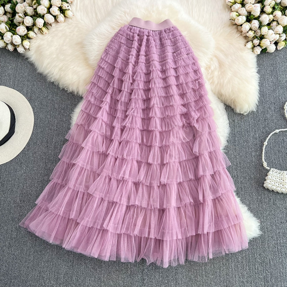 Super Long 97cm Maxi Tulle Skirts for Women 2023 New Chic Patchwork Cake Skirt Multilayer Large Swing A-Line Skirts Mujer Faldas