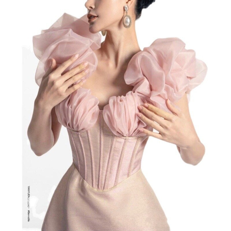 Sweety Strapeless 3D Floral Puff Sleeves A-Line Pleated Short Homecoming Dress Elegent French Tulle Party Gown Vestido