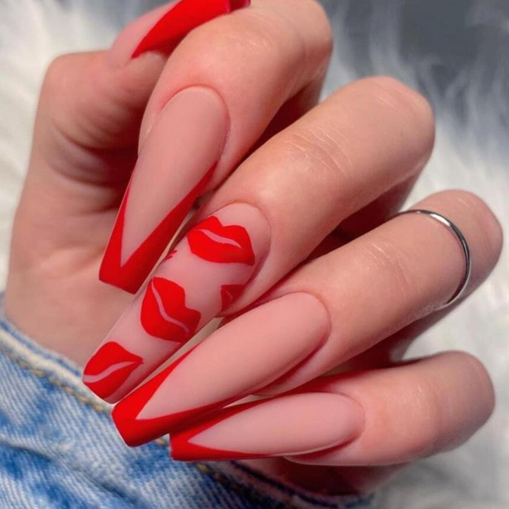 Sea Wave Carp Japanese Style Doodle False Nails Detachable Nude Pink Long Coffin Fake Nails with Glue Full Cover Press on Nails