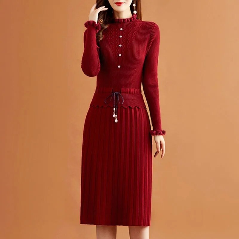 Two Pieces Pleated Knitted Dress Women Vintage Elegant Bottoming Sweater Dresses Slim Long Sleeve Fall Winter Midi Vestidos red