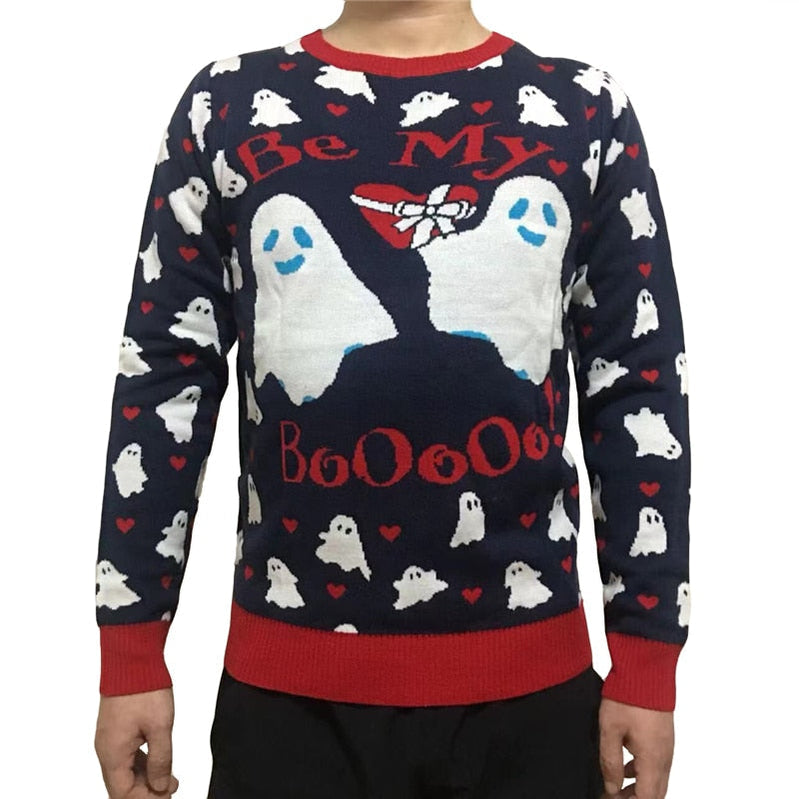 Unisex Cute Knit Funny Be My Boo Ghost Pattern Crewneck Navy Blue Funny Men and Women Ugly Halloween Sweater Navy Blue