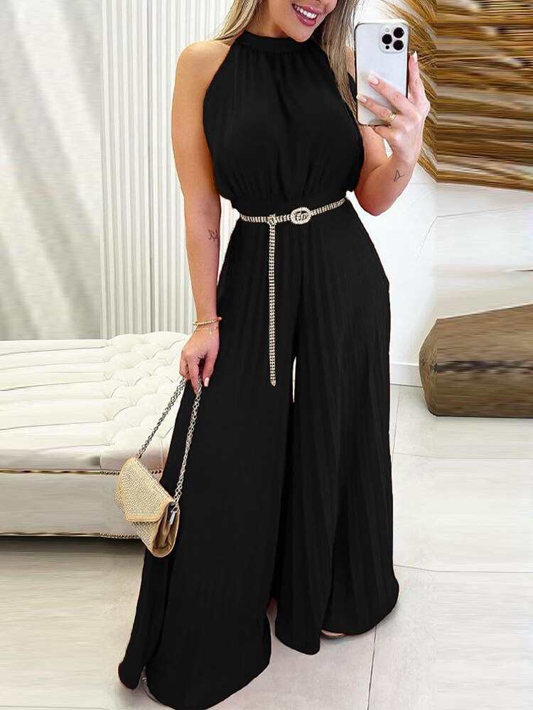 Elegant Women Fashion Red Green Sleeveless Jumpsuit Summer Sexy Halter Tied Detail Plain Pleated Wide Leg Casual Long Jumpsuit