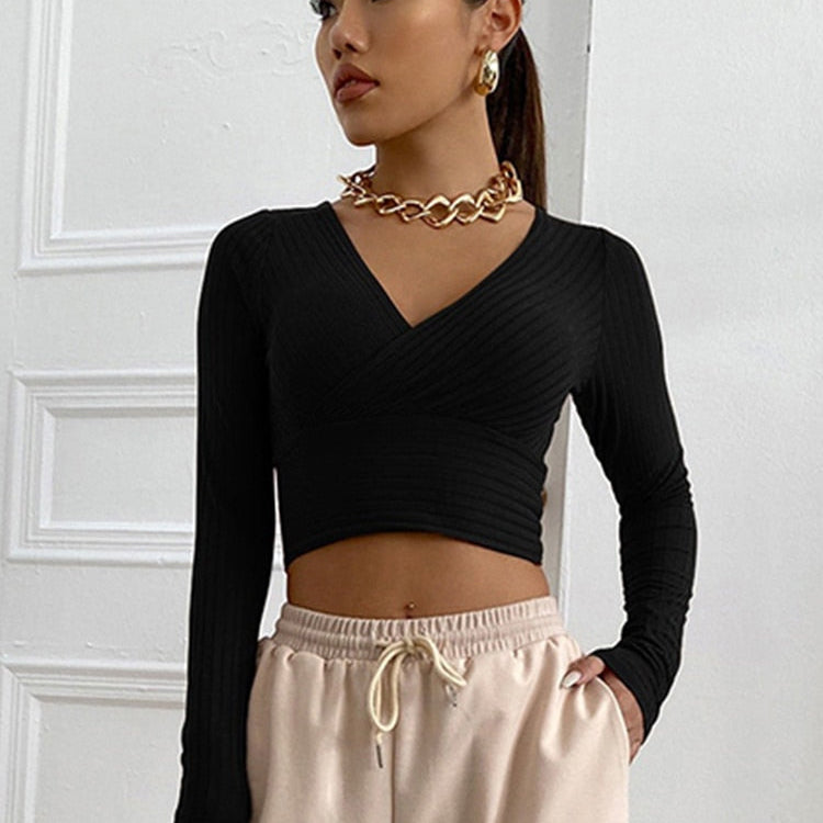 Women Casual Solid Long Sleeve Crop T-shirt Fashion V-Collar Bare Midriff Stretch Tops Ribbed Knitted Elastic Slim Skinny Tees