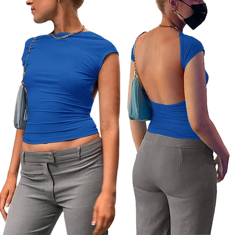 Y2K Sexy Backless Crop Top Women Casual 2023 Summer Short Sleeve O Neck T Shirts Streetwear Fit Slim Pullovers Base Tees T-Shirt deep blue