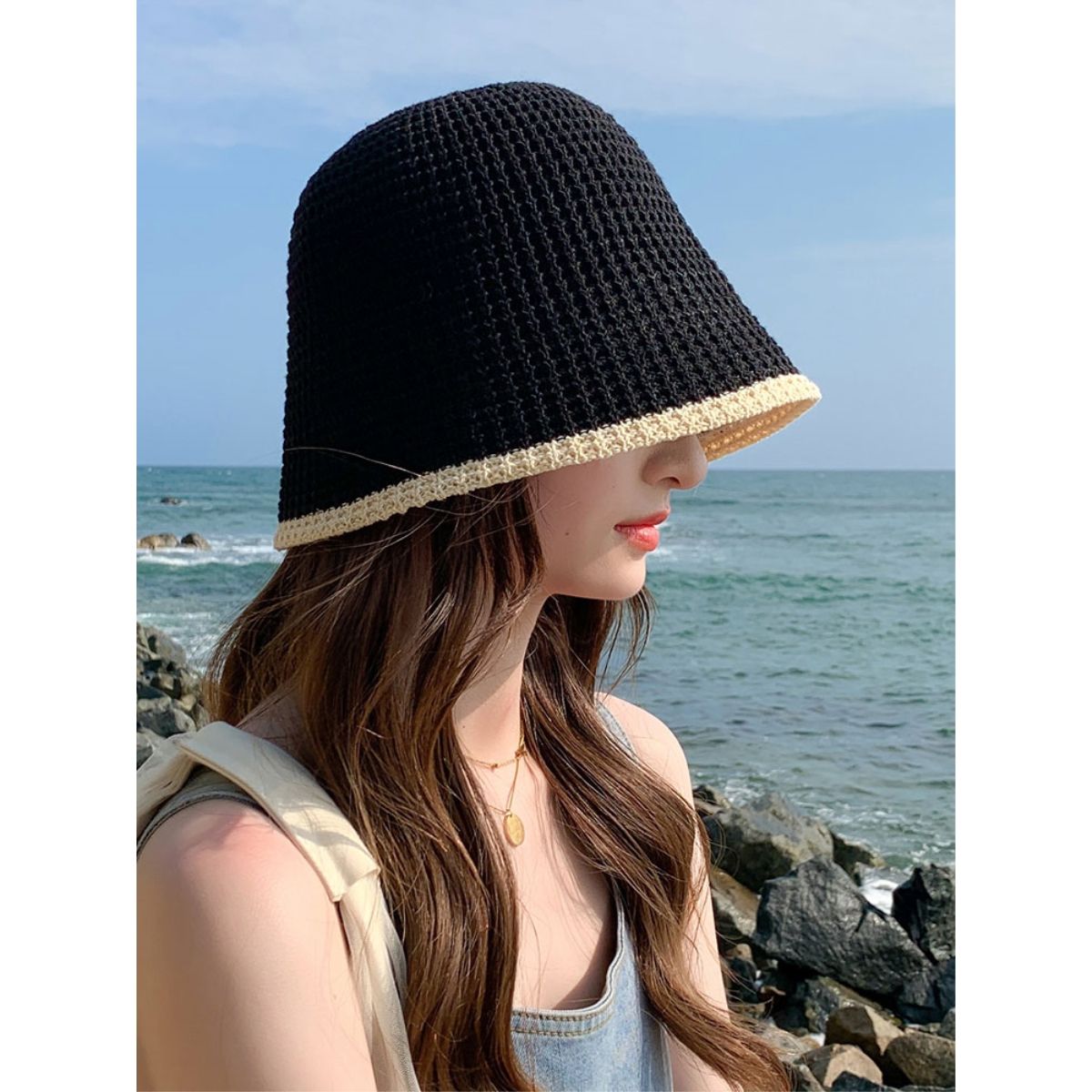 Summer Bicolor Knit Bucket Hat For Woman Trendy Black Bucket Hat Sun Caps Fashion Trend Charm Y2k Young Girl Kpop Gift Girl 1 55-59 cm