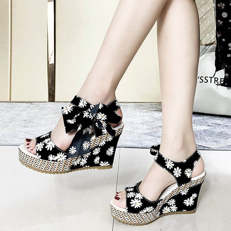 Hot Lace Leisure Women Wedges Heeled Women Shoes Summer Sandals Party Platform High Heels Shoes Woman 98black