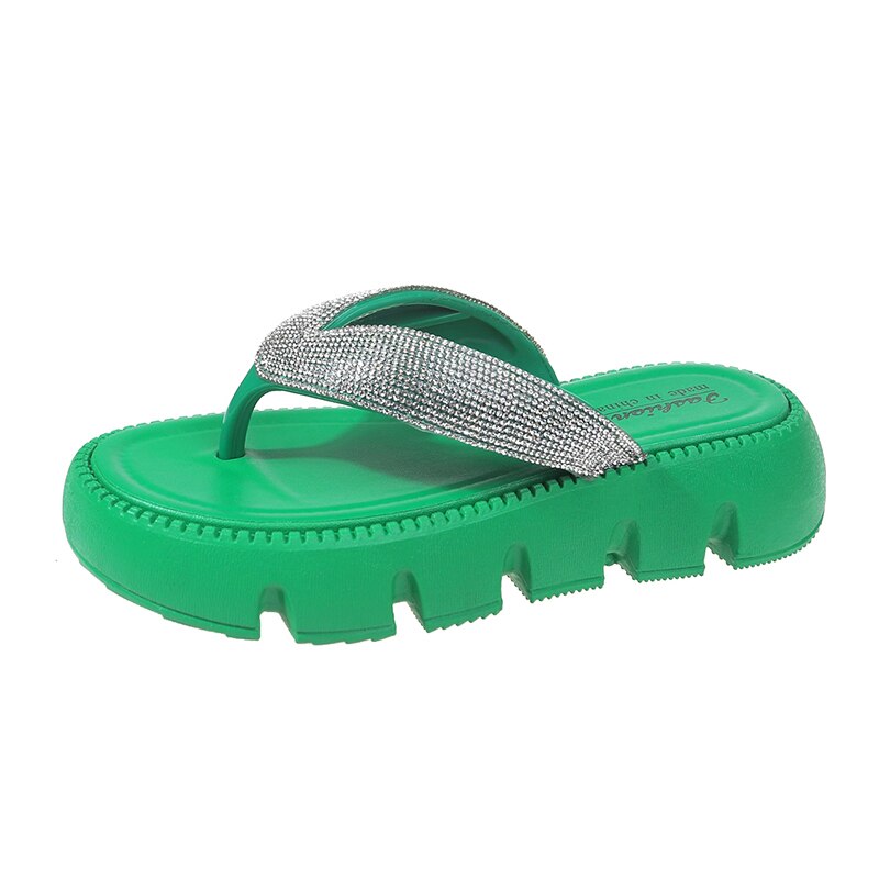 Thick Platform Shiny Crystal Flip Flops Women Summer Soft Bottom Beach Sandals Shoes Woman Fashion Clip Toe Clogs Slippers Green Spain