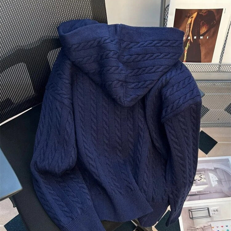 Vintage Hooded Loose Knitted Cardigan Long Sleeve Zipper Tops Retro Women Spring Fall Sweater Casual New Knitwears Gilet