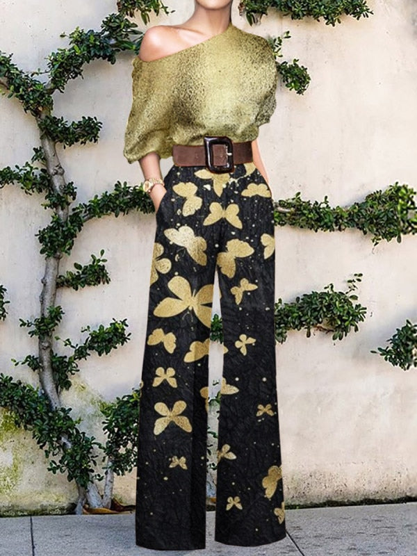 Print Jumpsuit Women Autumn and Spring New Fashion Long Sleeve Lapel Loose Casual Elegance Green Jumpsuits Print 3 (No Belt)