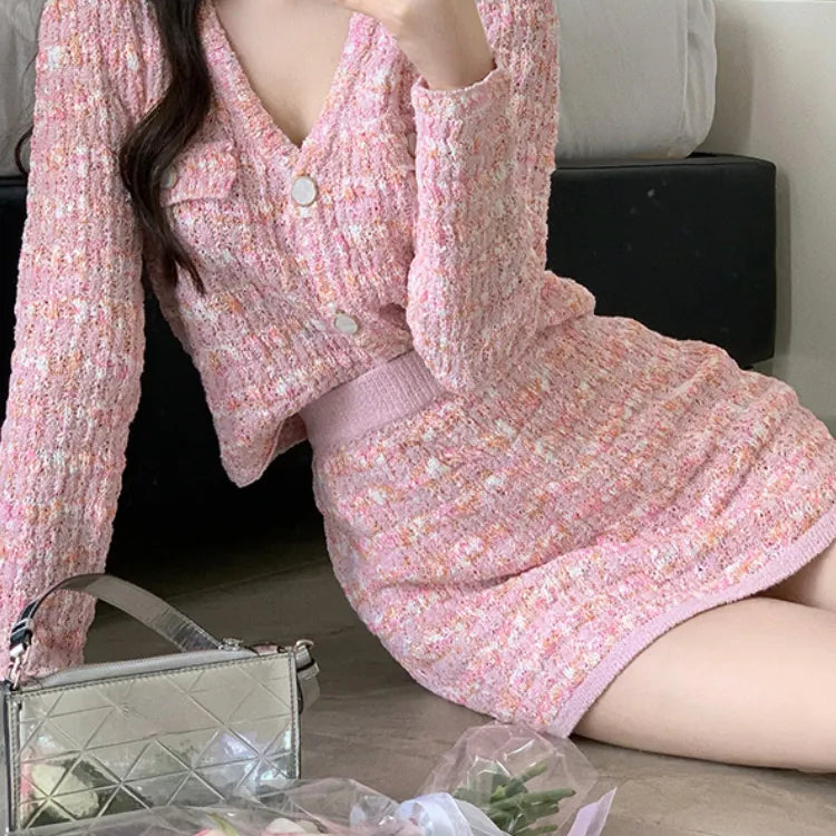 Two Piece Dress Set Sweet Cardigan Sweater + Slim Skirt Pink Elegant Y2k Mini Dress Autumn Office Lady Casual Knitted Suits