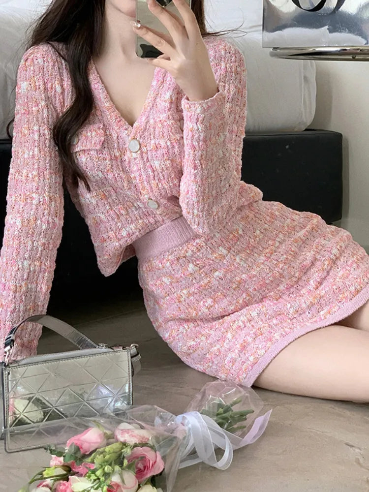 Two Piece Dress Set Sweet Cardigan Sweater + Slim Skirt Pink Elegant Y2k Mini Dress Autumn Office Lady Casual Knitted Suits