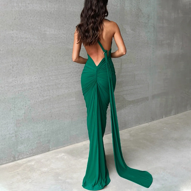 One Shoulder Backless Adjustable Scarf Loop Ruched Sexy Maxi Dress 2023 Women Elegant Y2K Vintage Dress Fashion Summer Robe Size Style1 green