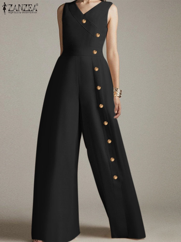 ZANZEA 2023 Fashion Wide Leg Pant Long Rompers Sexy V Neck Jumpsuits Casual Summer Sleeveless Waisted Buttons Split Playsuits