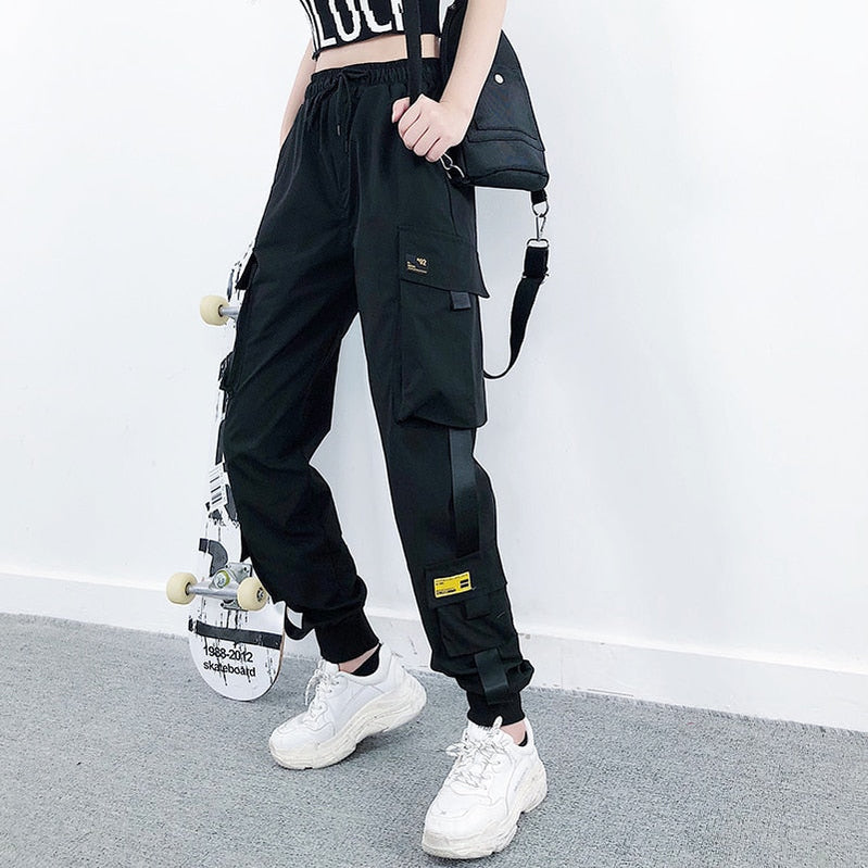 Hot Big Pockets Cargo Pants Women High Waist Loose Streetwear Pants Baggy Tactical Trouser Hip Hop Joggers Pants 0059 black