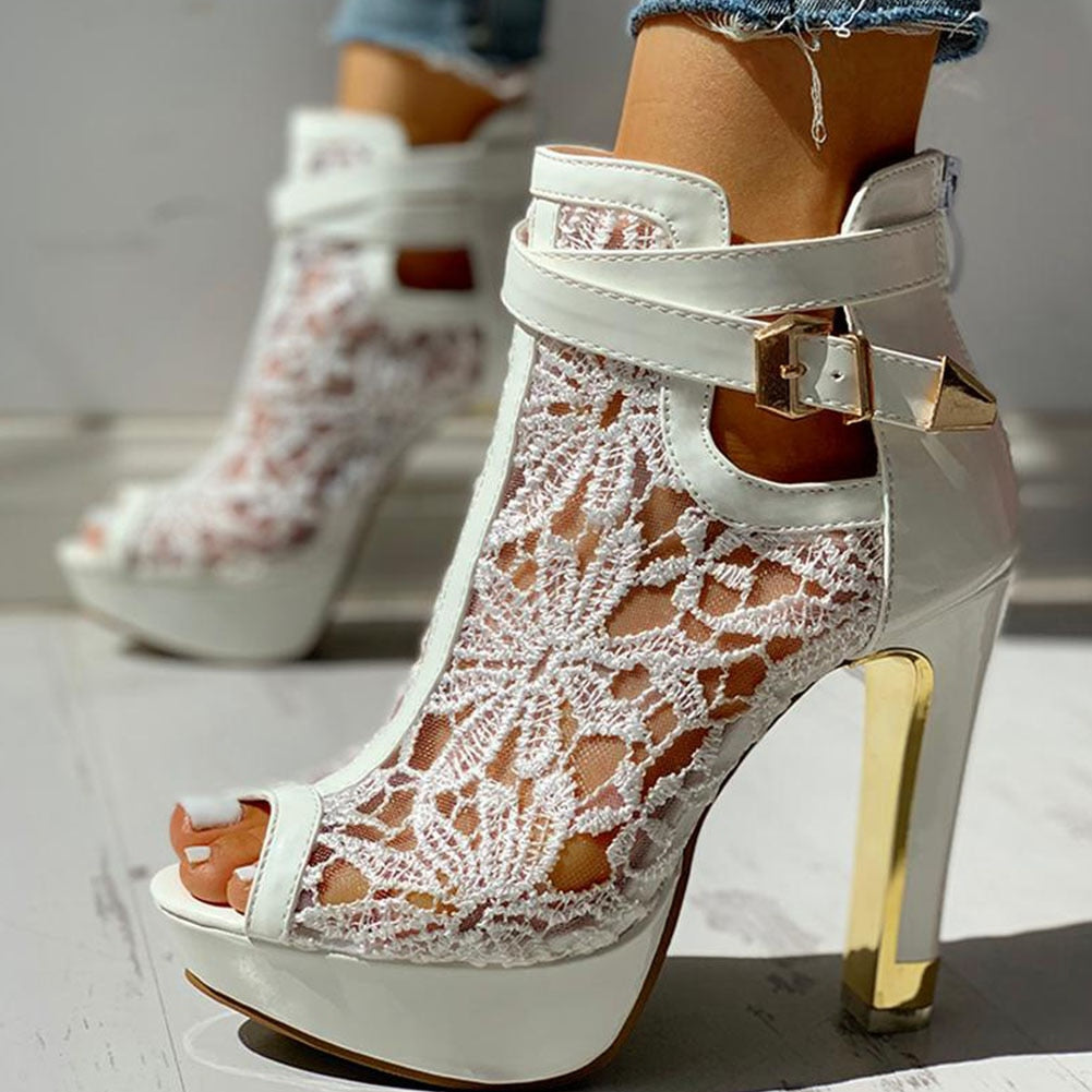 Lace High Heels New Women Belt Buckle High Heels Peep Toe Hollow Platform Sandals Summer Party Boot Large Size Women Shoes White