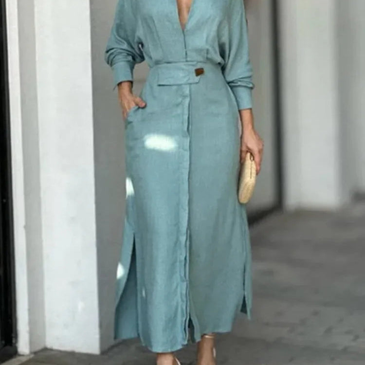 Fashion Dress for Women Luxury Elegant Solid Color Evening Dresses Party Slip Pockets Chic Promotion Long Sleeve Clothes