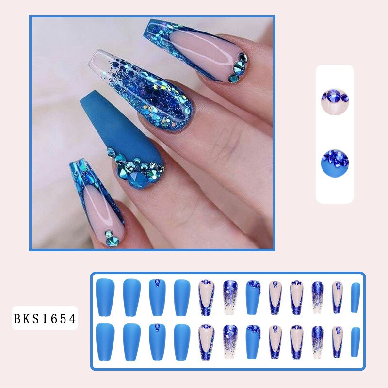 3D fake nails set with diamond glitters blue flakes designs middle size french tips faux ongles press on acrylic false nail art Default Title