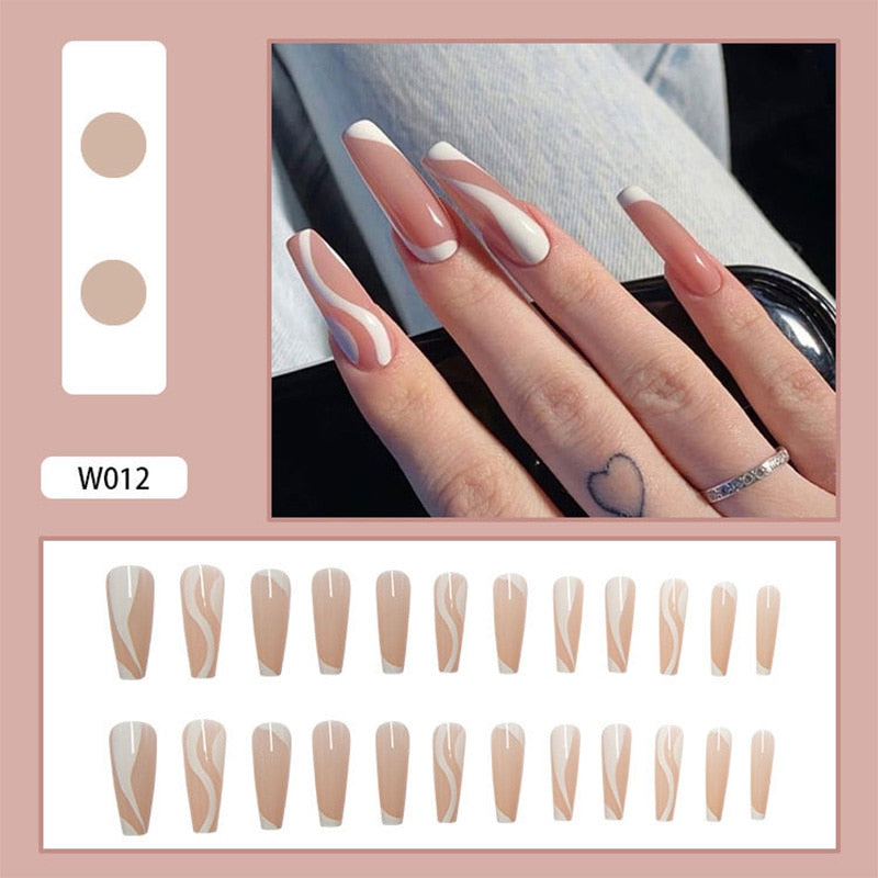 24Pcs/Box White French Fake Nails Press on Long XL Length Rhinestone Design False Nails Full Cover Acrylic Nail Tips JZJ-W012