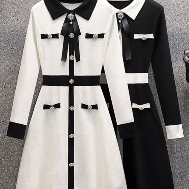 Small Fragrance Fall Winter Knitted Sweater Dress Women Bow Tie Buttons Vintage Party Mini Dress Elegant Casual Chic Robe Femme