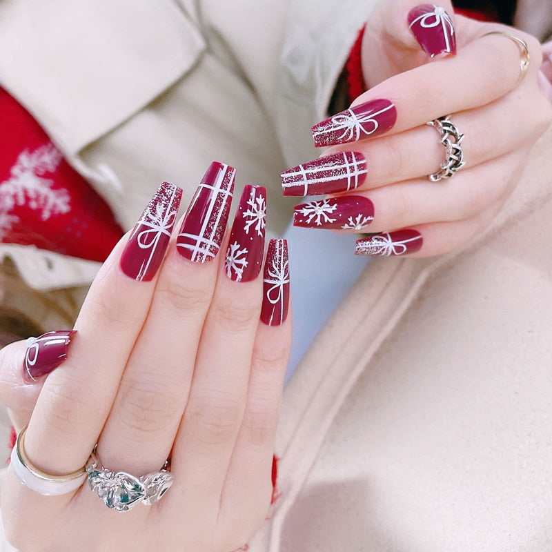 24Pcs/Box White French Fake Nails Press on Long XL Length Rhinestone Design False Nails Full Cover Acrylic Nail Tips JZJP-SD-04