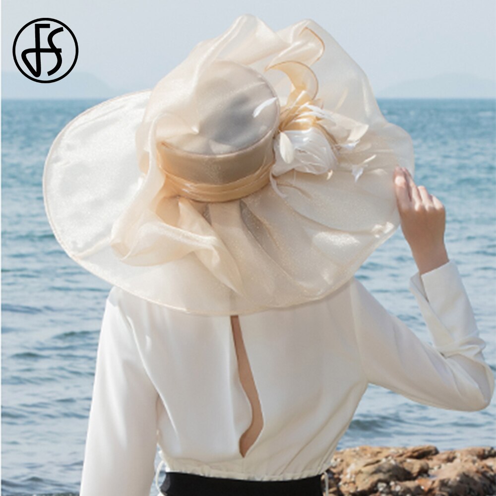 FS Oversized Brim Dot Organza Top Hats For Women Beach Visor Sun Sombreros Flowers Fedora Lady Wavy Edge UV Protection Derby Cap