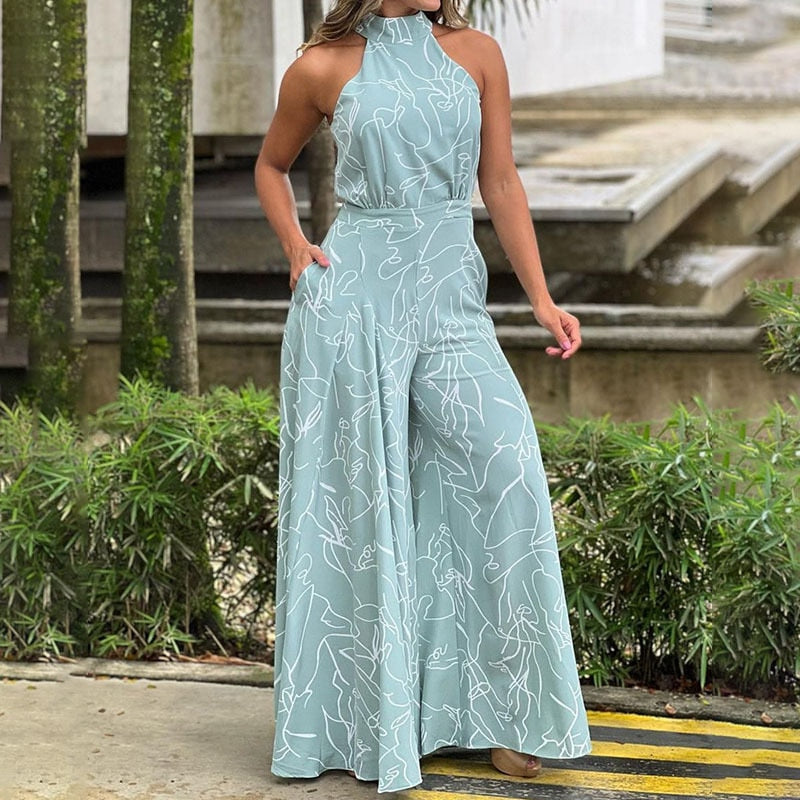 Elegant Women Sleeveless Jumpsuits Sexy Halterneck Long Rompers Wide Leg Pants Fashion Printed Bodysuit Jumpsuit Lady Outfit