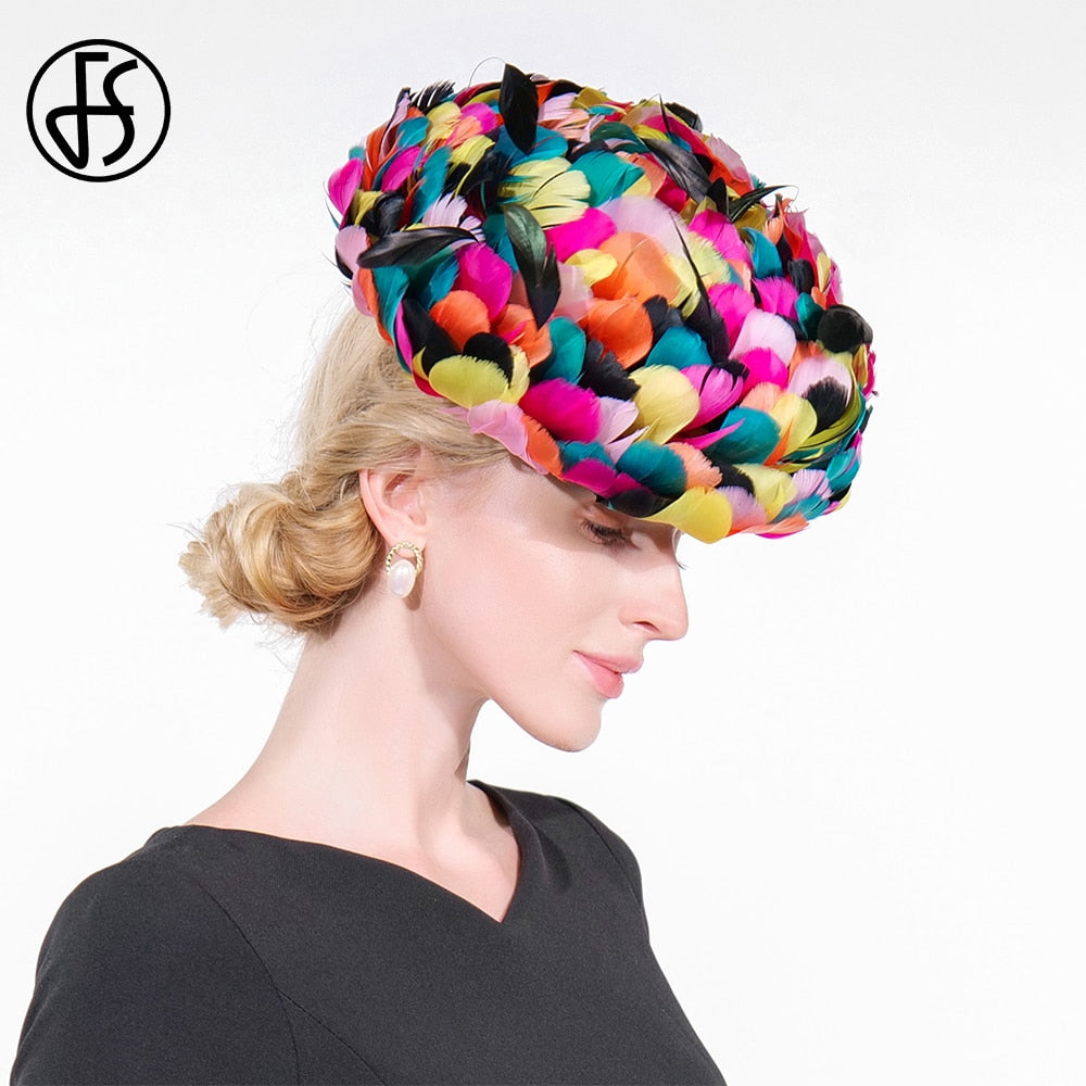 FS Luxury Woman Hat Wedding Ceremony Church Cap With Diamond Ladies Fascinators Cocktail Party Fancy Feathers Millinery