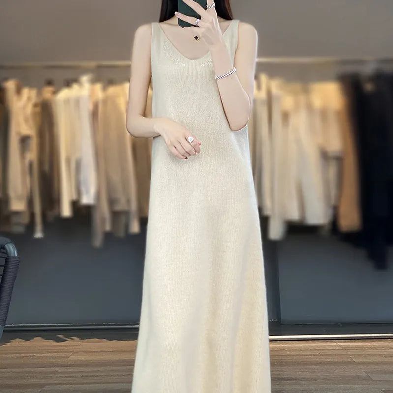 Autumn and Winter Pure Wool Fashion Versatile Cardigan Hanging Dress Set Large Women's Sweater Beige