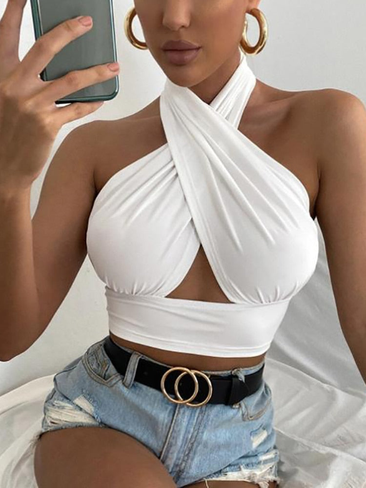 Women Summer Tank Tops Sexy Solid Color Cross Halter Neck Push Up Hollow Crop Tops High Street Wear 2023 New Fashion White