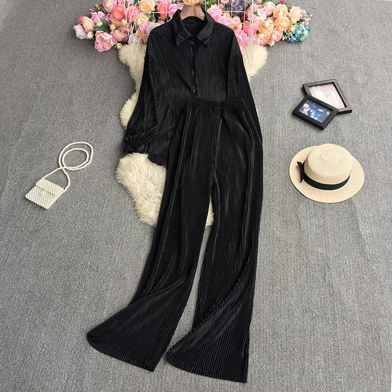 Casual Women Elegant Pleated Two Piece Set Long Sleeve Shirt And Wide Leg Pant Suits Loose Office Lady Outfits Autumn
