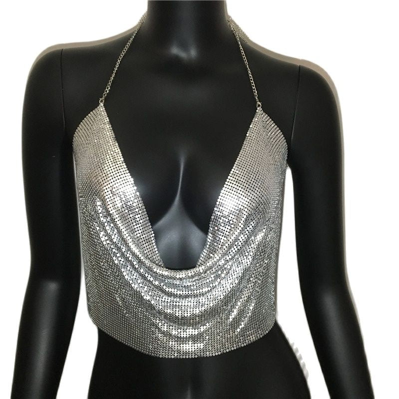 Women Sexy Metal Sequined Tank Camis Summer Gold Silver Backless Cropped Glitter Beach Club Show Wear Tank Tops