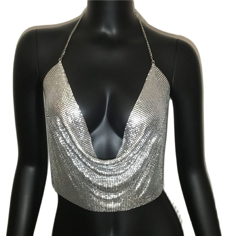 Women Sexy Metal Sequined Tank Camis Summer Gold Silver Backless Cropped Glitter Beach Club Show Wear Tank Tops