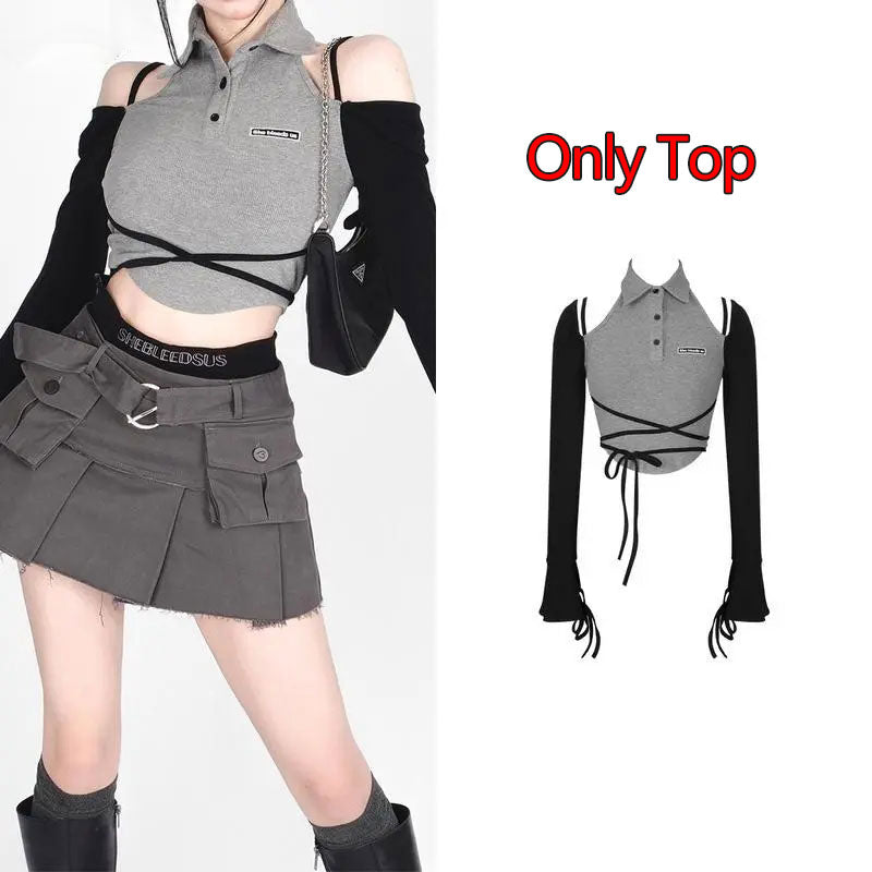 Gothic Skirt Set Polo Neck Waist Strap Off Shoulder Long Sleeve T-Shirt Pleated Denim Skirt 2 Piece Sets Women Outfits Y2k Suit