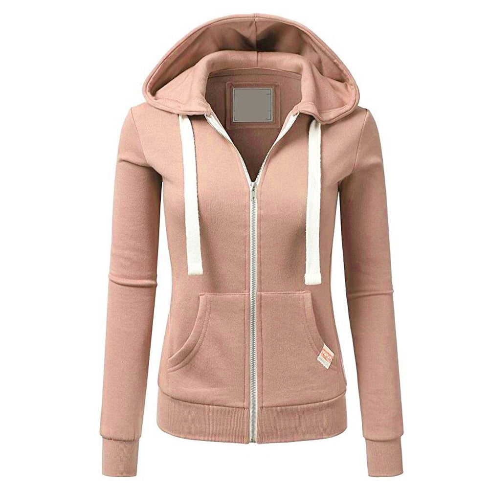 Spring/Autumn New Casual Fleece Zipped Hoodie Women Fashion Drawstring Sporty Hooded Coats Ladies Simple Sweatshirt Pink