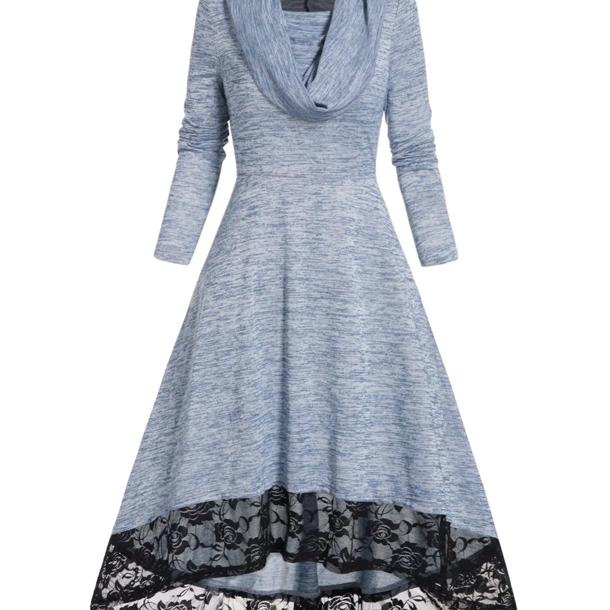 Autumn Space Dye Hooded Dress Flower Lace Panel High Waisted Long Sleeve High Low One Piece Midi Long Dresses For Women