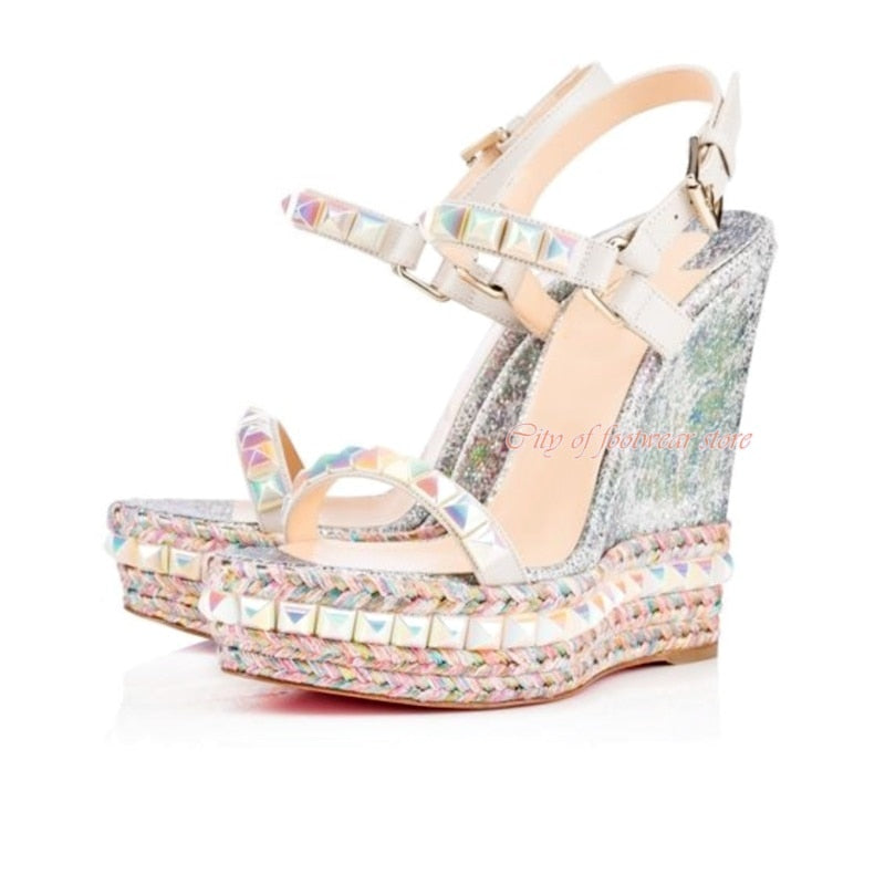 Women's Open Toe Platform Stud Espadrille Wedges Sandals Ankle Strap High Heeled Pump Luxury Designer Summer Beach Shoes Red as photo 1