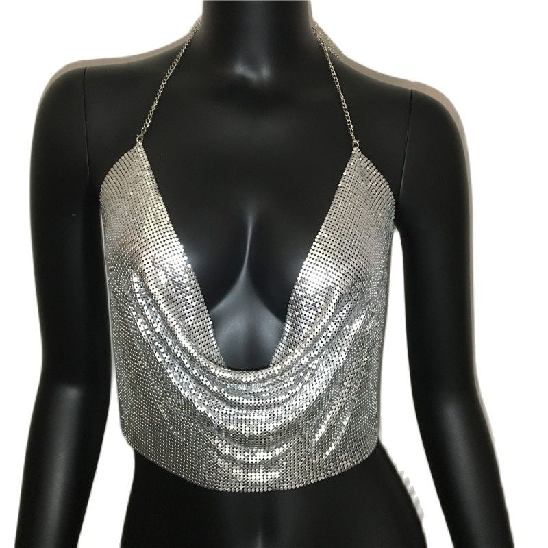 Women Sexy Metal Sequined Tank Camis Summer Gold Silver Backless Cropped Glitter Beach Club Show Wear Tank Tops Silver 25 cm One Size