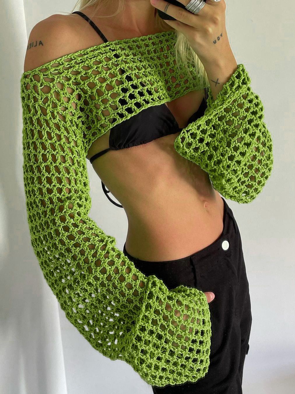 2023 Summer Long Sleeve Smock Knitted Crop Top Women Y2k Beach Sexy Backless Hollow Out T Shirts Green Party Casual Pullovers