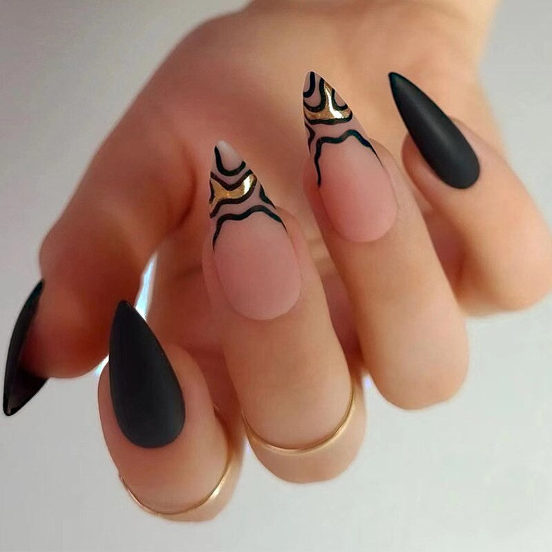 Long Stiletto False Nails Black Edge French Gold Thread Black Rhinestones Design Wearable Fake Nails Press On Nails Manicure Tip a3