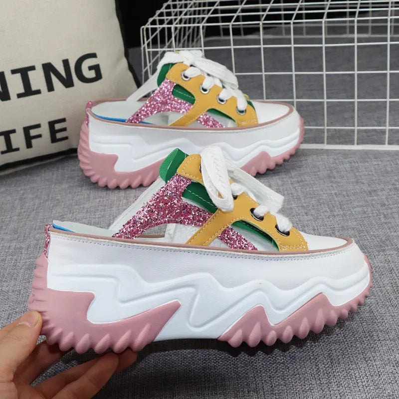 8cm New Glitter Leather Women Chunky Sneakers Platform Wedge Breathable Slippers Comfortable Hollow Summer Shoes