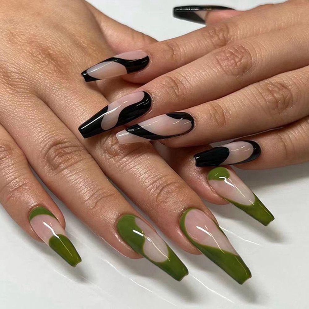 French Ballet False Nails With Gold Foil Glitter Designs Wearable Long Coffin Ballerina Press On Fake Nails Full Cover Nail Tips