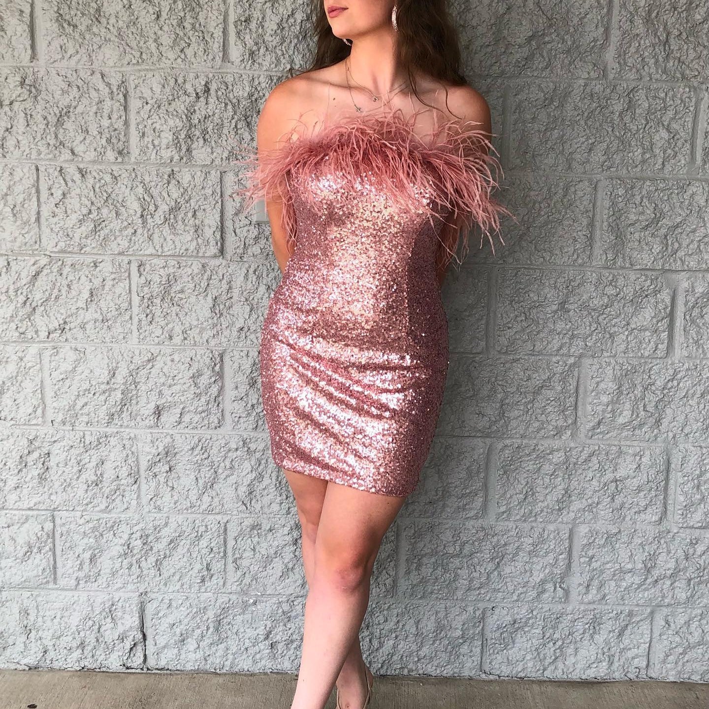 Sequin Mini Hoco Dress NYE Feather Strapless Short Lady Formal Homecoming Party Gown Club Night Cocktail Prom Gala RoseGold Rose Gold