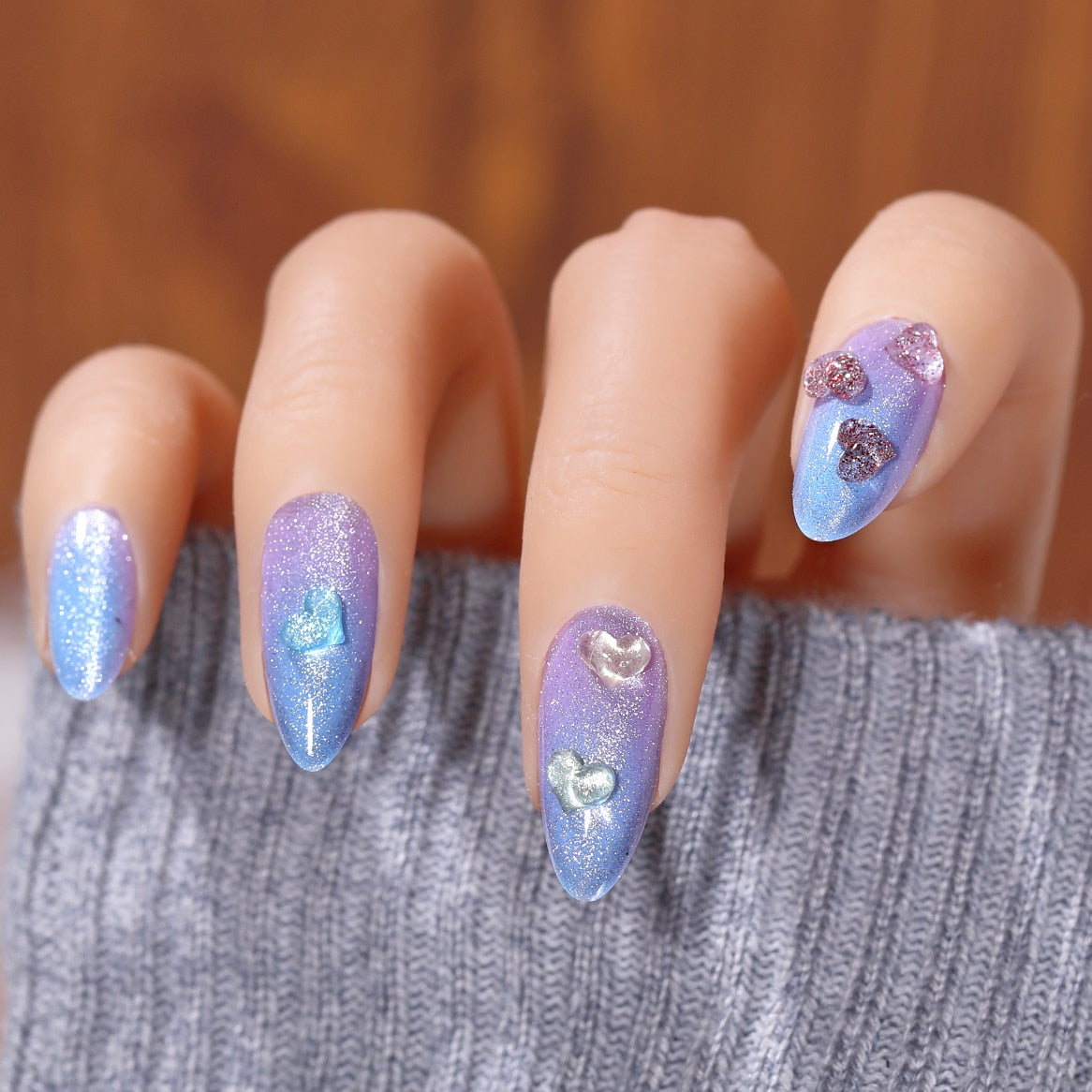 CNHIDS 24Pcs Charming Sparkling Purple Long Coffin False Nail Press On Nail Tips Girl Decoration Crystal Fake Nail With Design 33