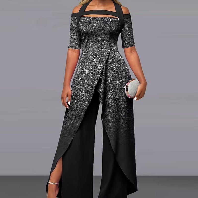 Elegant Pattern Print Short Sleeve Long Jumpsuit Women Chic Backless Lace-up Irregular Overall Fashion Female Split Romper 09 Black