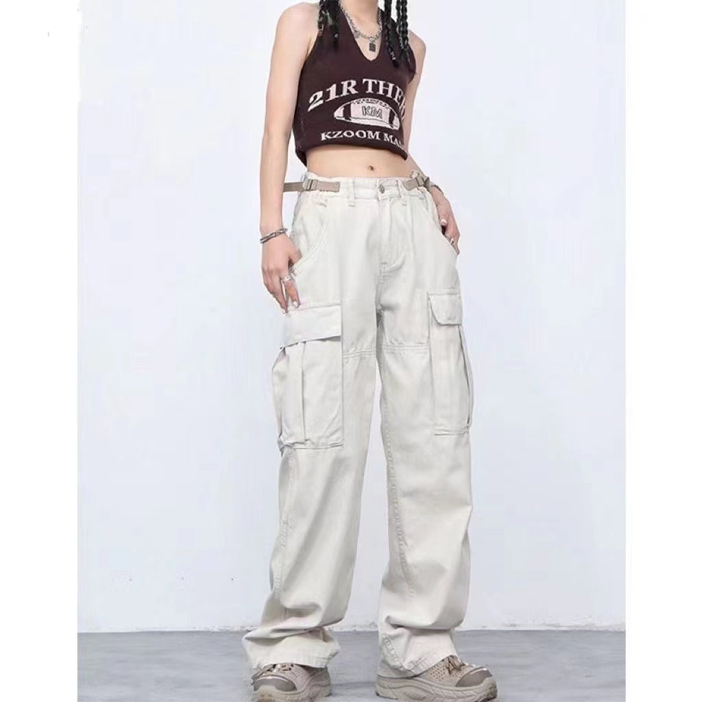 Pocket Solid Color Overalls Jeans Women's Y2K Street Retro Loose Wide-Leg Overalls Couple Casual Joker Mopping Jeans Pants Women