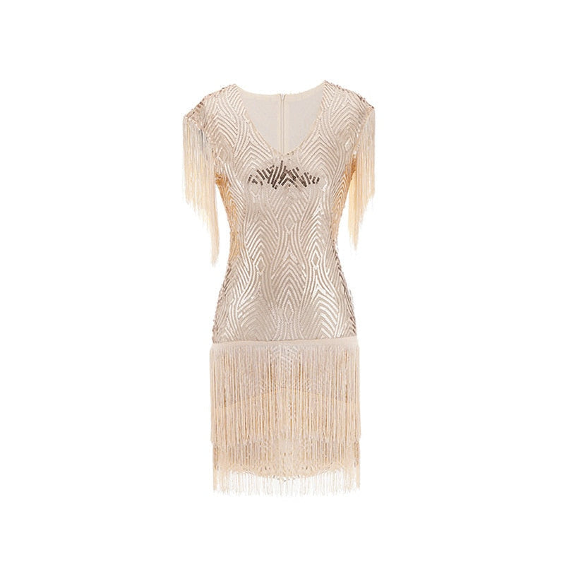Summer Dress For Women 1920s Vintage Flapper Great Gatsby Fringe Beaded Dresses Prom Cocktail Prom Sequin Tassels Size S-3XL Apricot